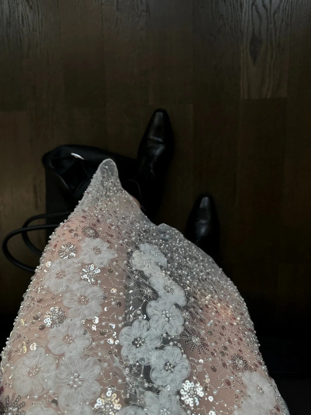 Beaded Sequin White Mesh A-Line Skirt