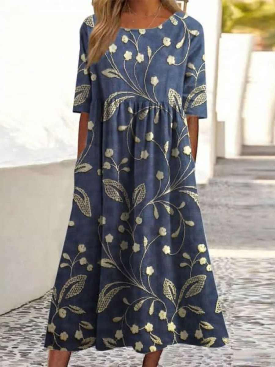 Floral Embroidered Round Neck Half Sleeve Linen Midi Dress 2