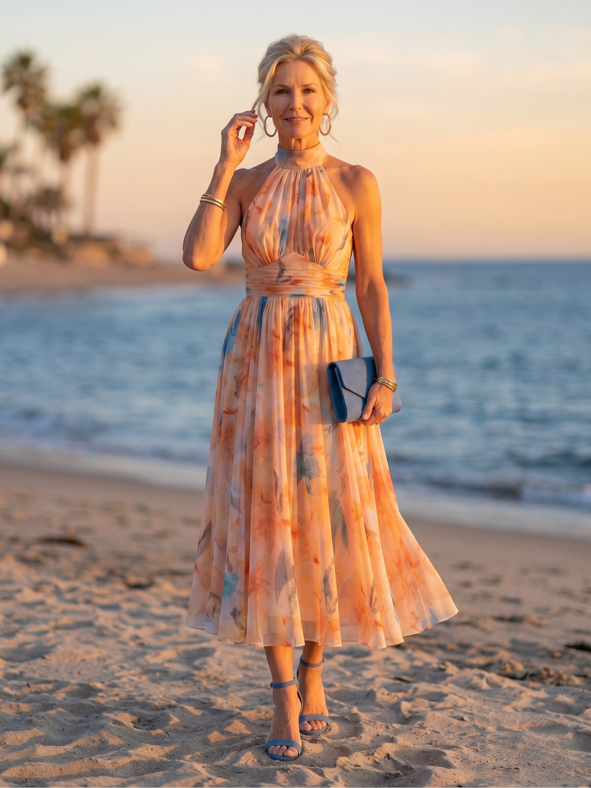 Floral Halter Neck Sleeveless Flowy Midi Dress