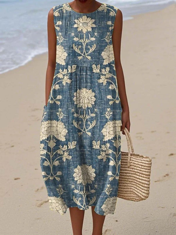 Damask Floral Crew Neck Sleeveless Pocket Midi Dress