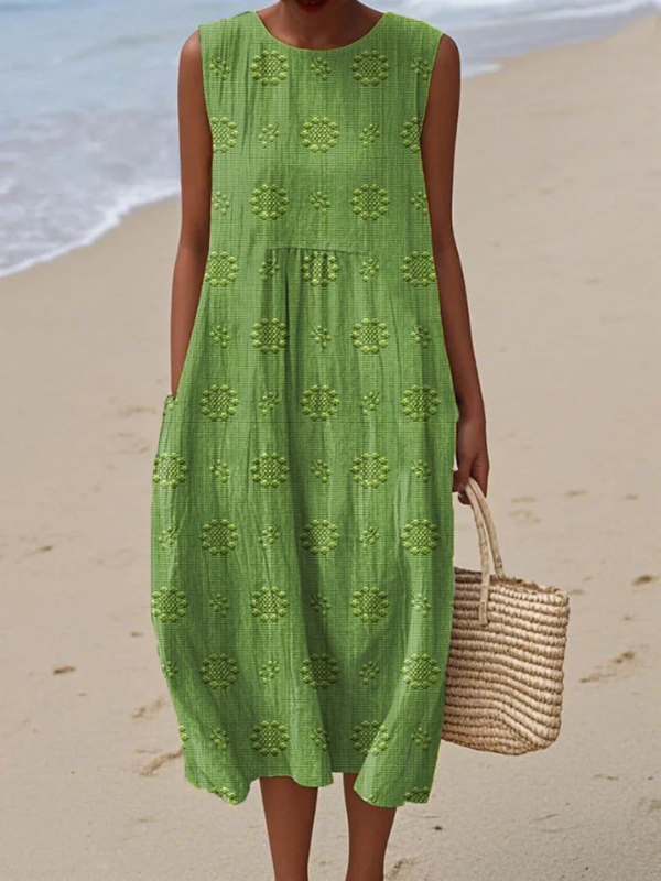 Textured Floral Round Neck Sleeveless Pocket Midi Dress