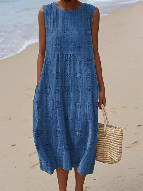 Textured Floral Round Neck Sleeveless Pocket Midi Dress 2