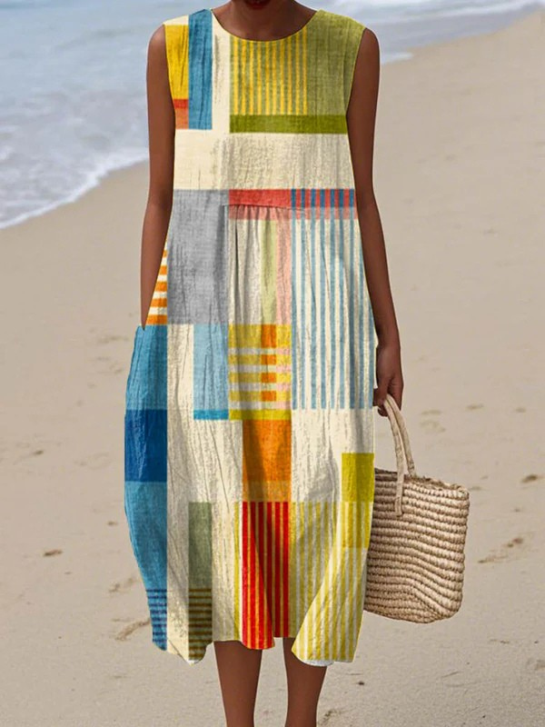 Geometric Colorblock Sleeveless Pocket Midi Dress