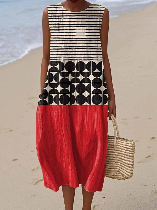 Striped Geometric Print Sleeveless Midi Dress