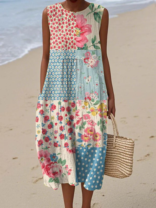 Patchwork Floral Round Neck Sleeveless Tiered Midi Dress