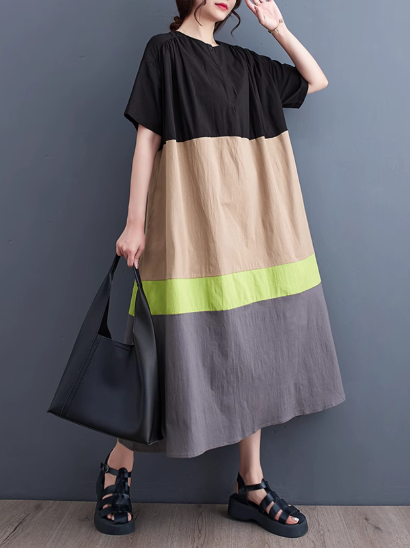 Colorblock Button Front Oversized Short Sleeve Midi Dress - View 7