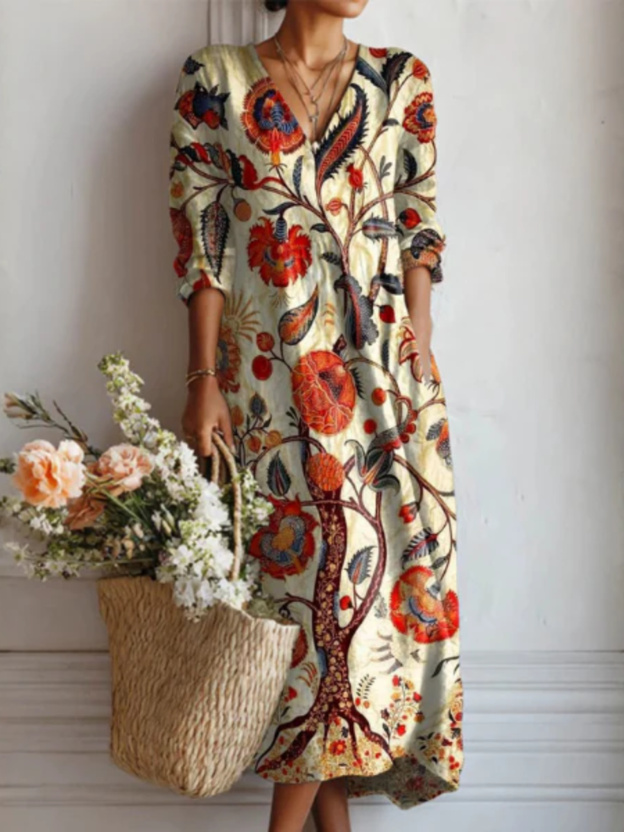 Floral Tree Print V-Neck Long Sleeve Midi Dress