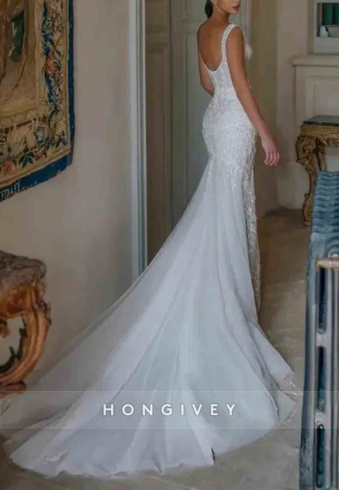 Lace Sleeveless Detachable Trumpet Low Back Wedding Dresses