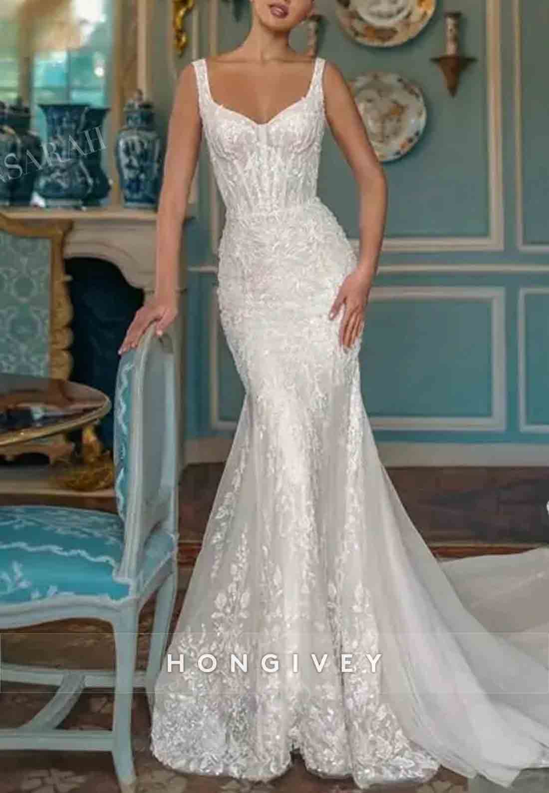 Lace Sleeveless Detachable Trumpet Low Back Wedding Dresses