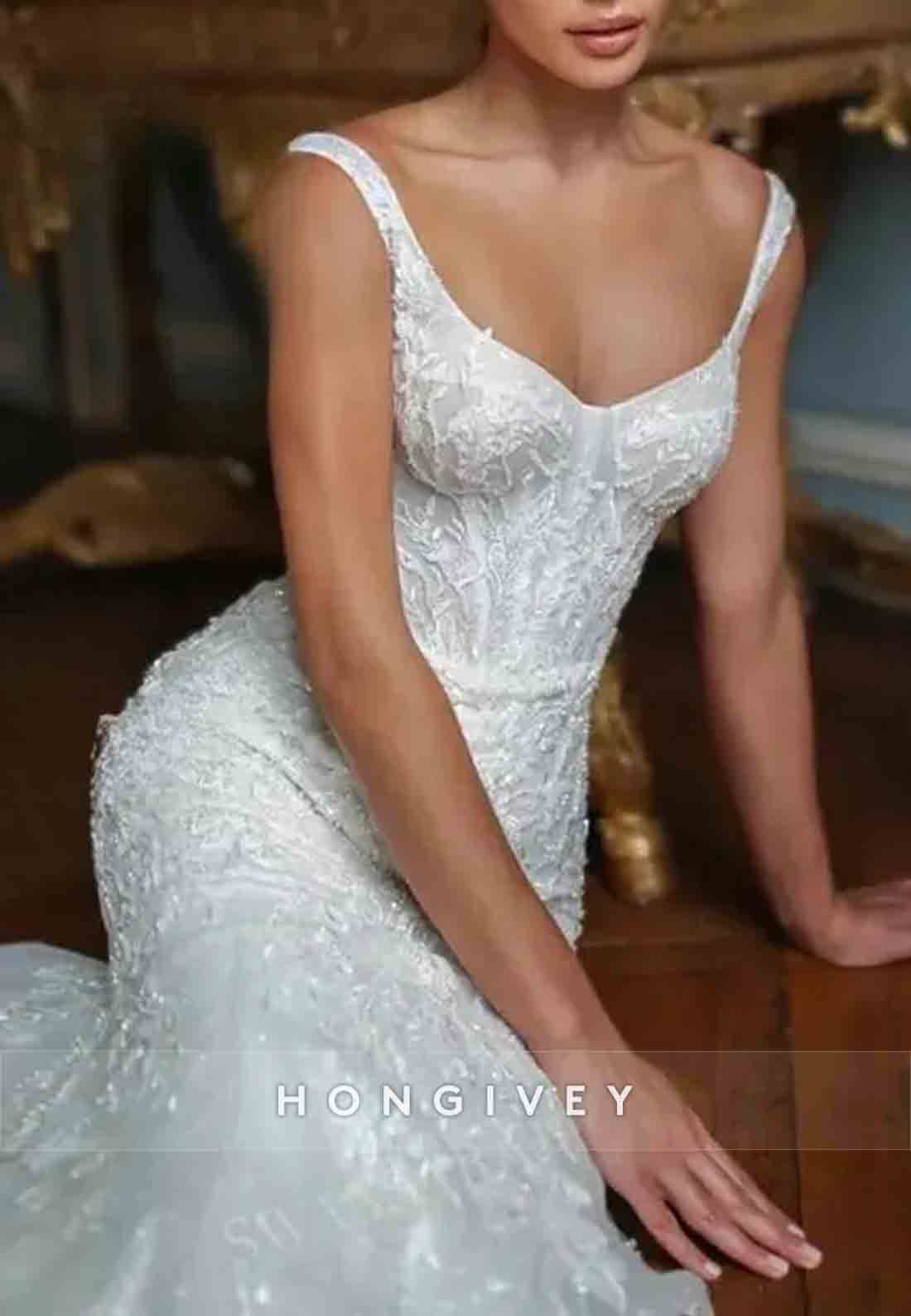 Lace Sleeveless Detachable Trumpet Low Back Wedding Dresses