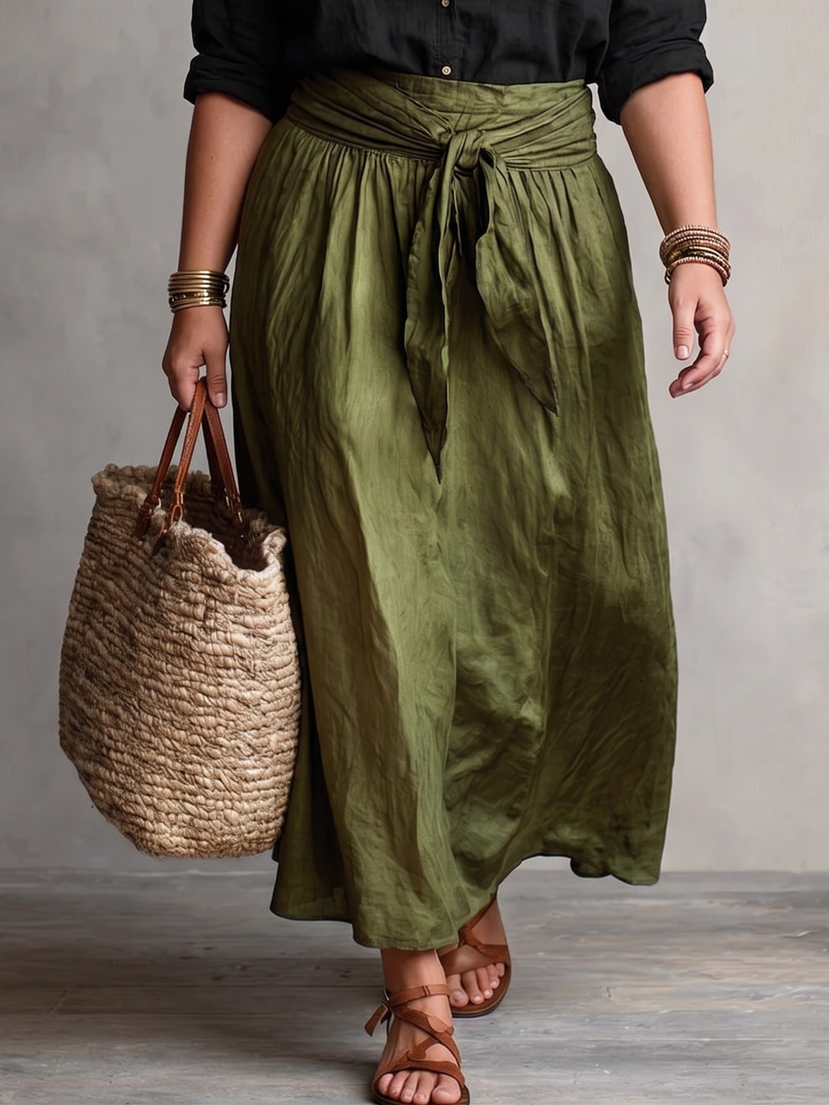 Button Front Shirt and Tie Waist Maxi Skirt Two Piece Set 3