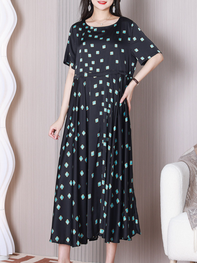 Floral Print Round Neck Short Sleeve Pleated Midi Dress 8