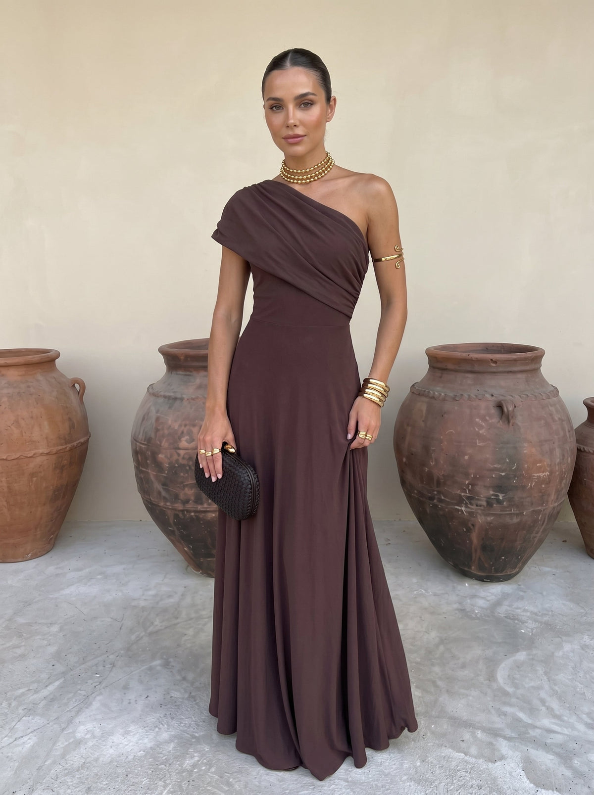 One Shoulder Draped Short Sleeve Jersey Maxi Dress 3
