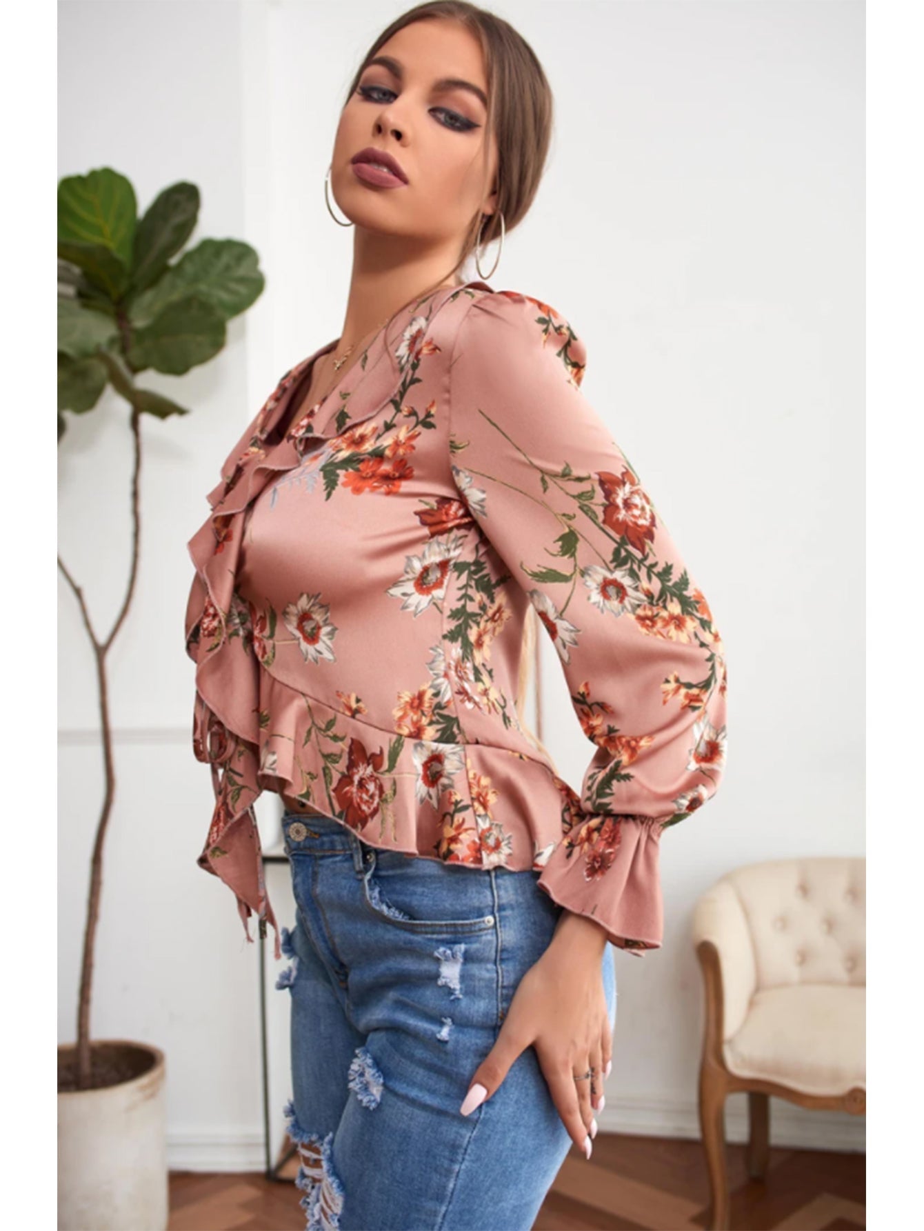 V-NECK RUFFLED FLORAL LONG SLEEVES BLOUSE - Fashionpara