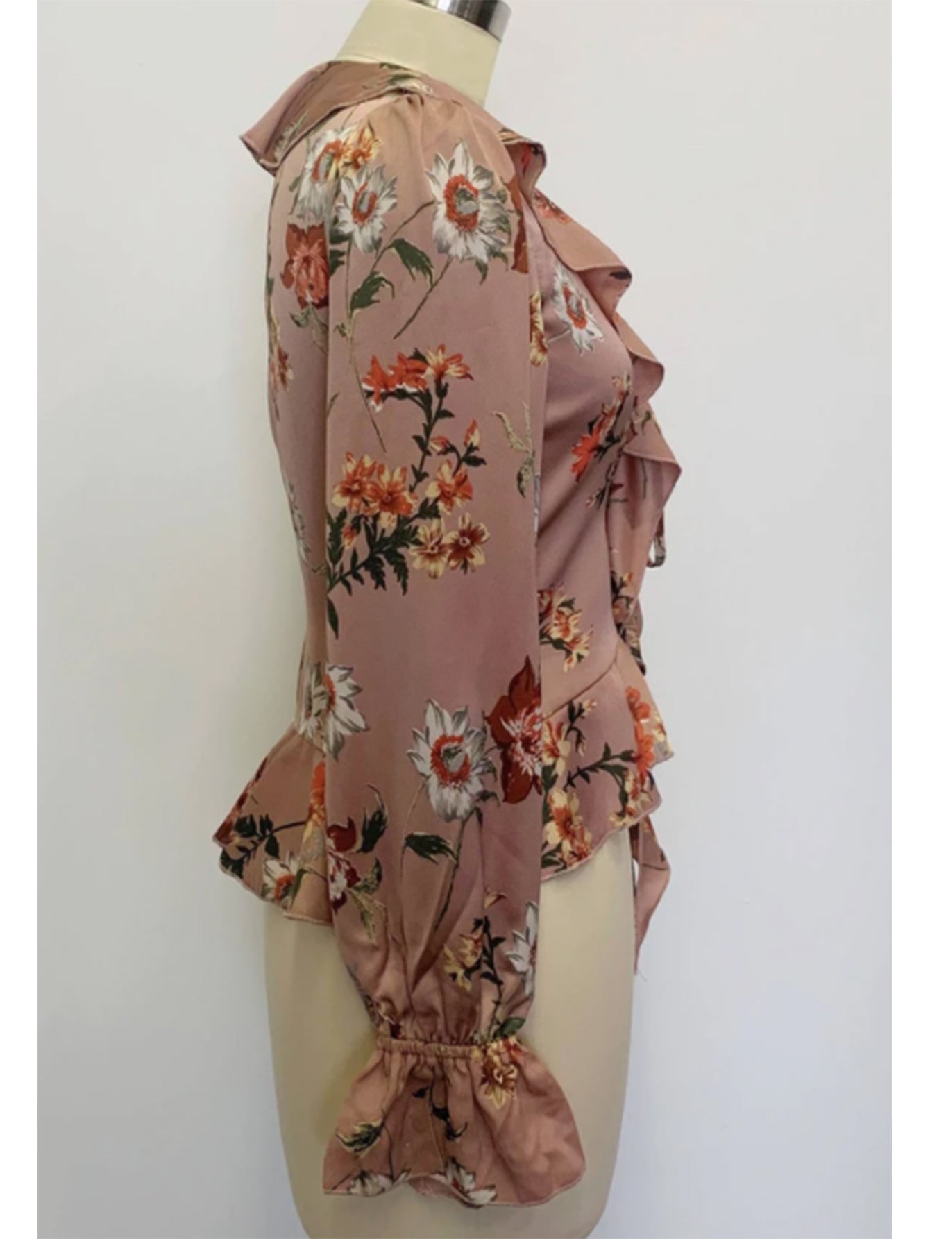 V-NECK RUFFLED FLORAL LONG SLEEVES BLOUSE - Fashionpara