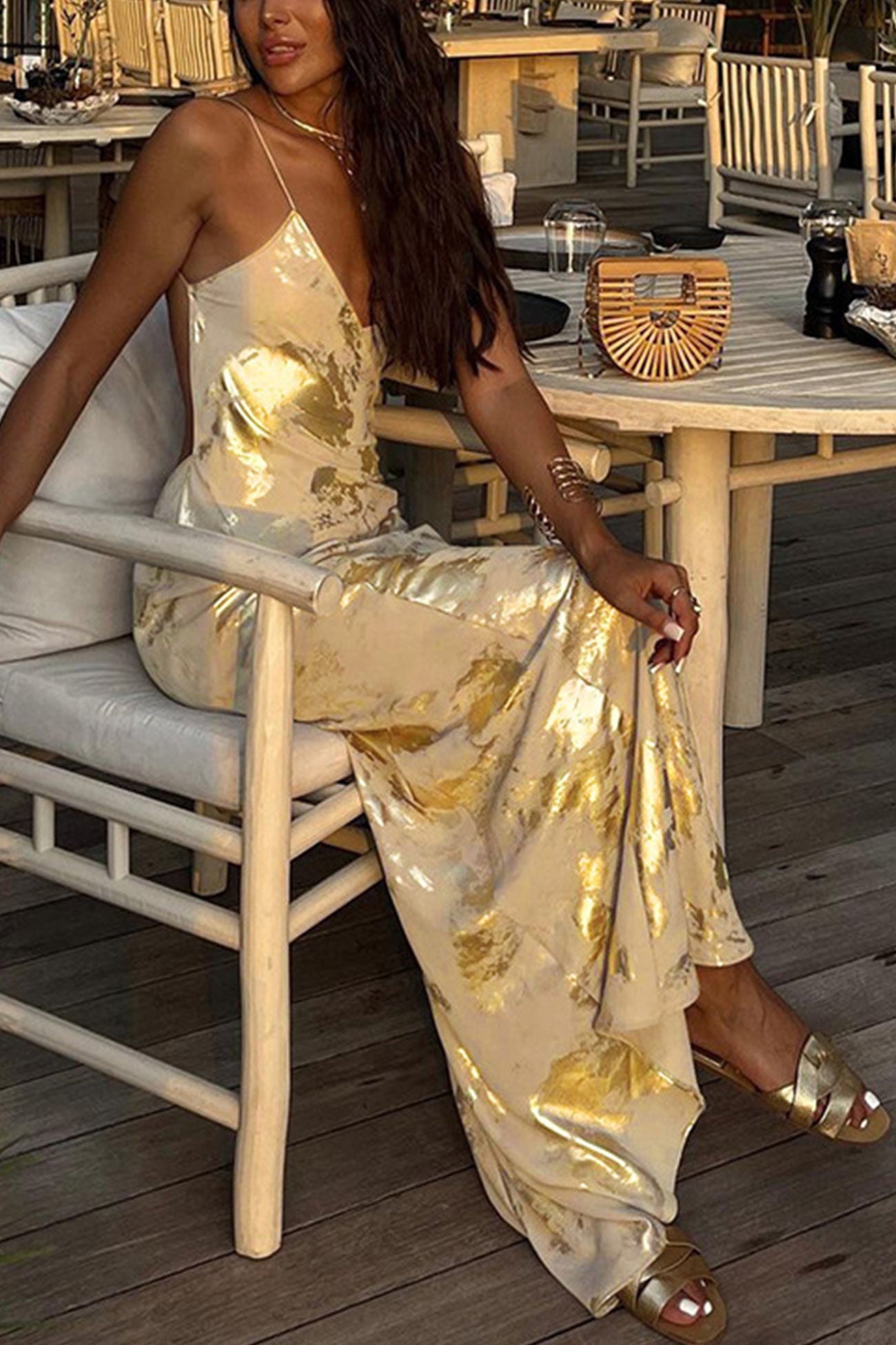 V Neck Backless Hot Stamping Cami Dress - Fashionpara