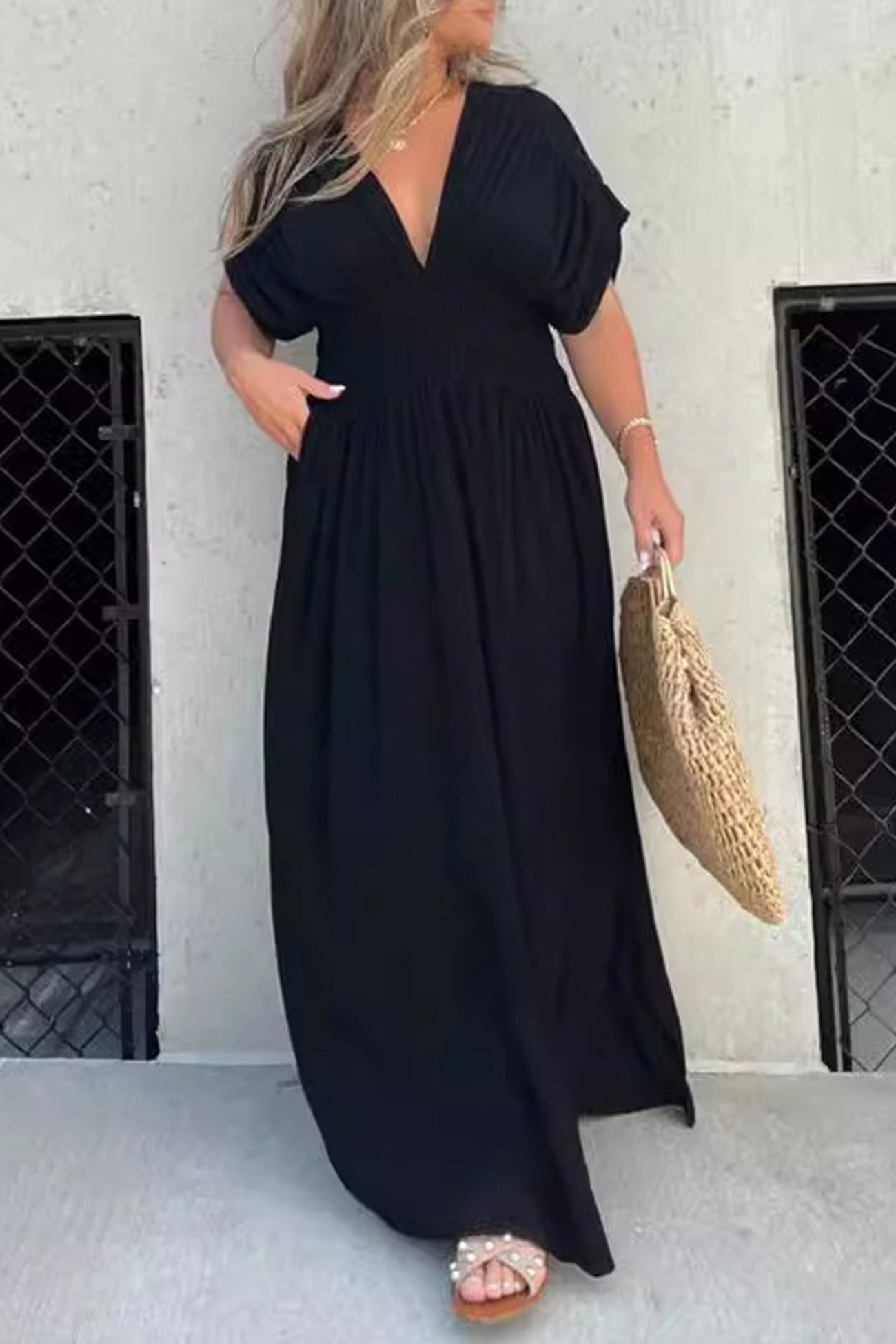 V Neck Bat Sleeve Smocked Waist Slit Dress - Fashionpara