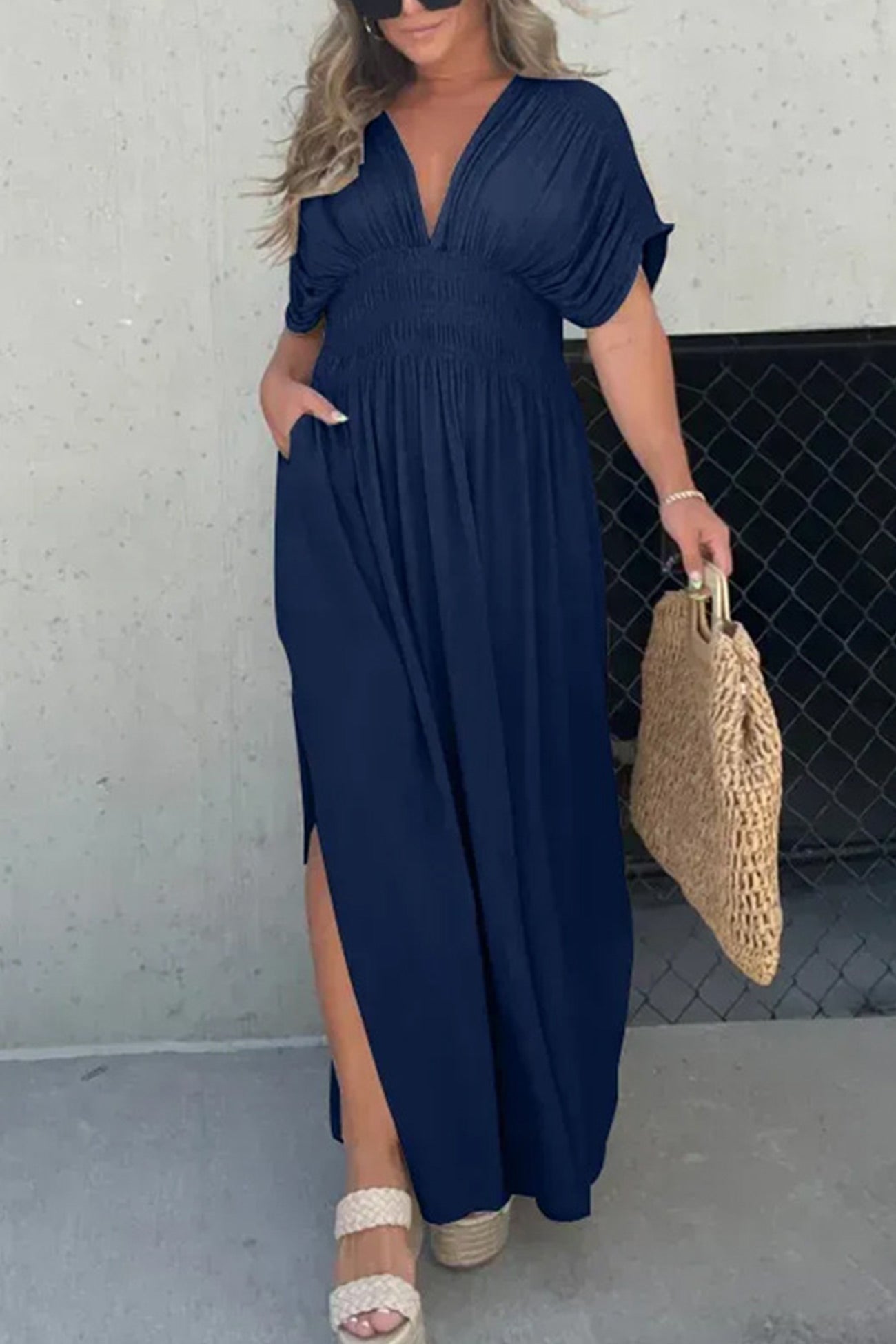 V Neck Bat Sleeve Smocked Waist Slit Dress - Fashionpara