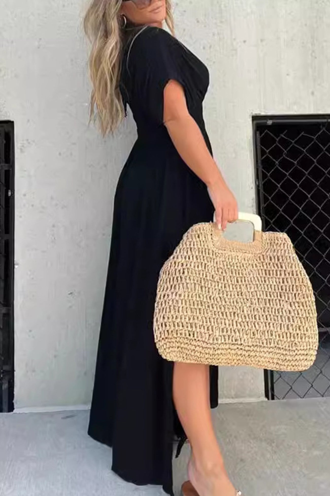 V Neck Bat Sleeve Smocked Waist Slit Dress - Fashionpara