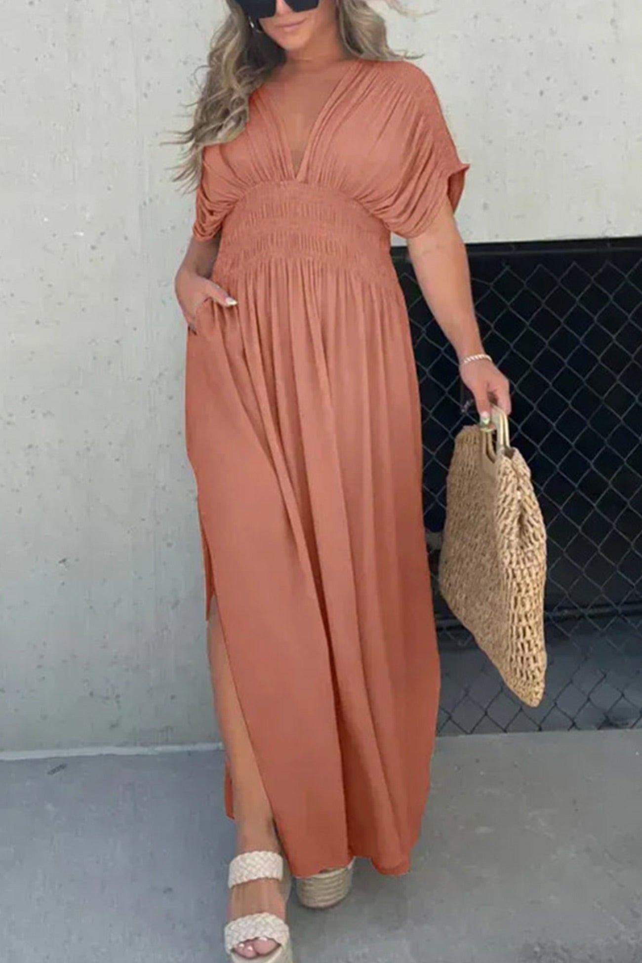 V Neck Bat Sleeve Smocked Waist Slit Dress - Fashionpara