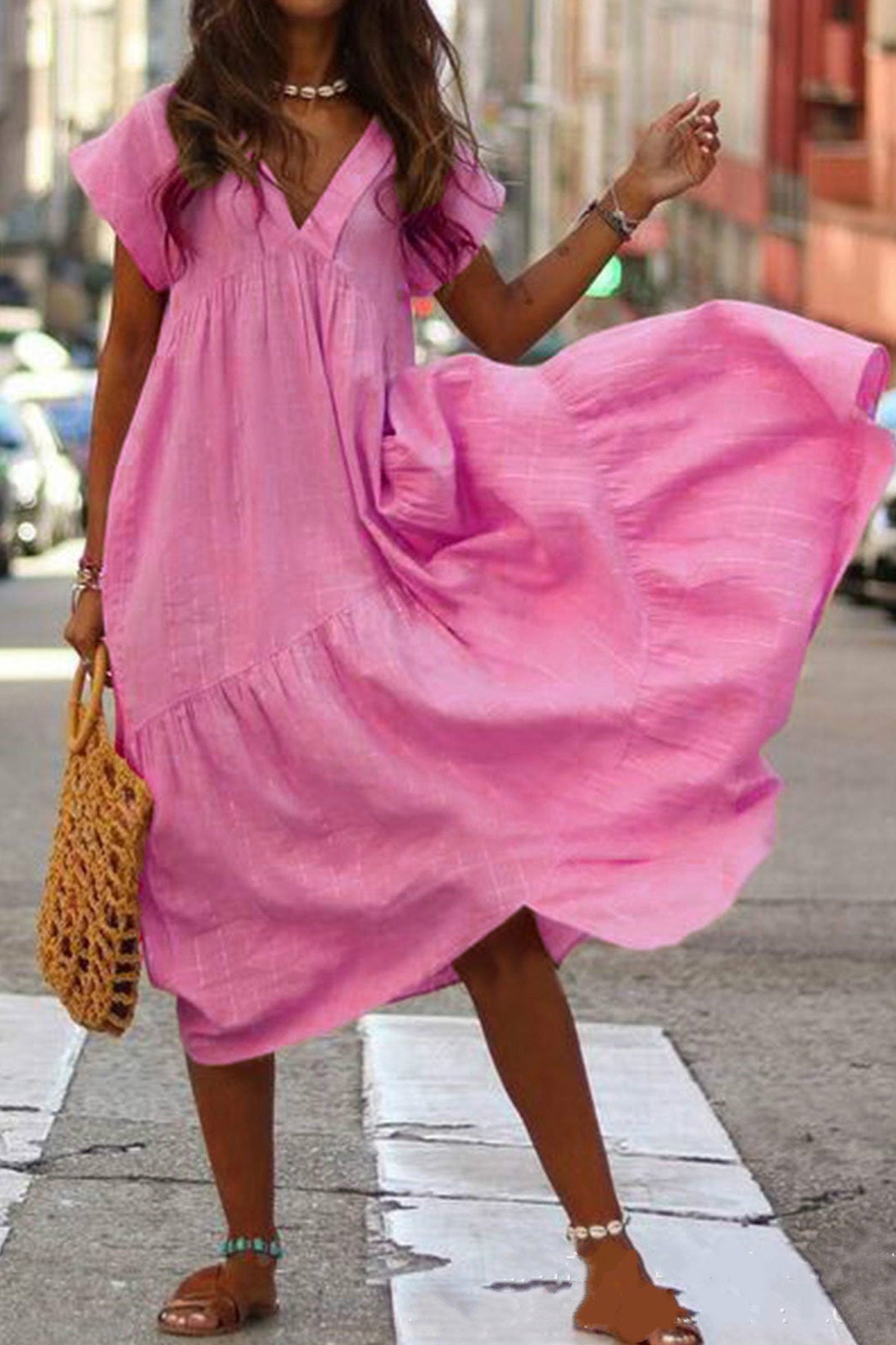 V Neck Cap Sleeve Cotton Linen Dress - Fashionpara
