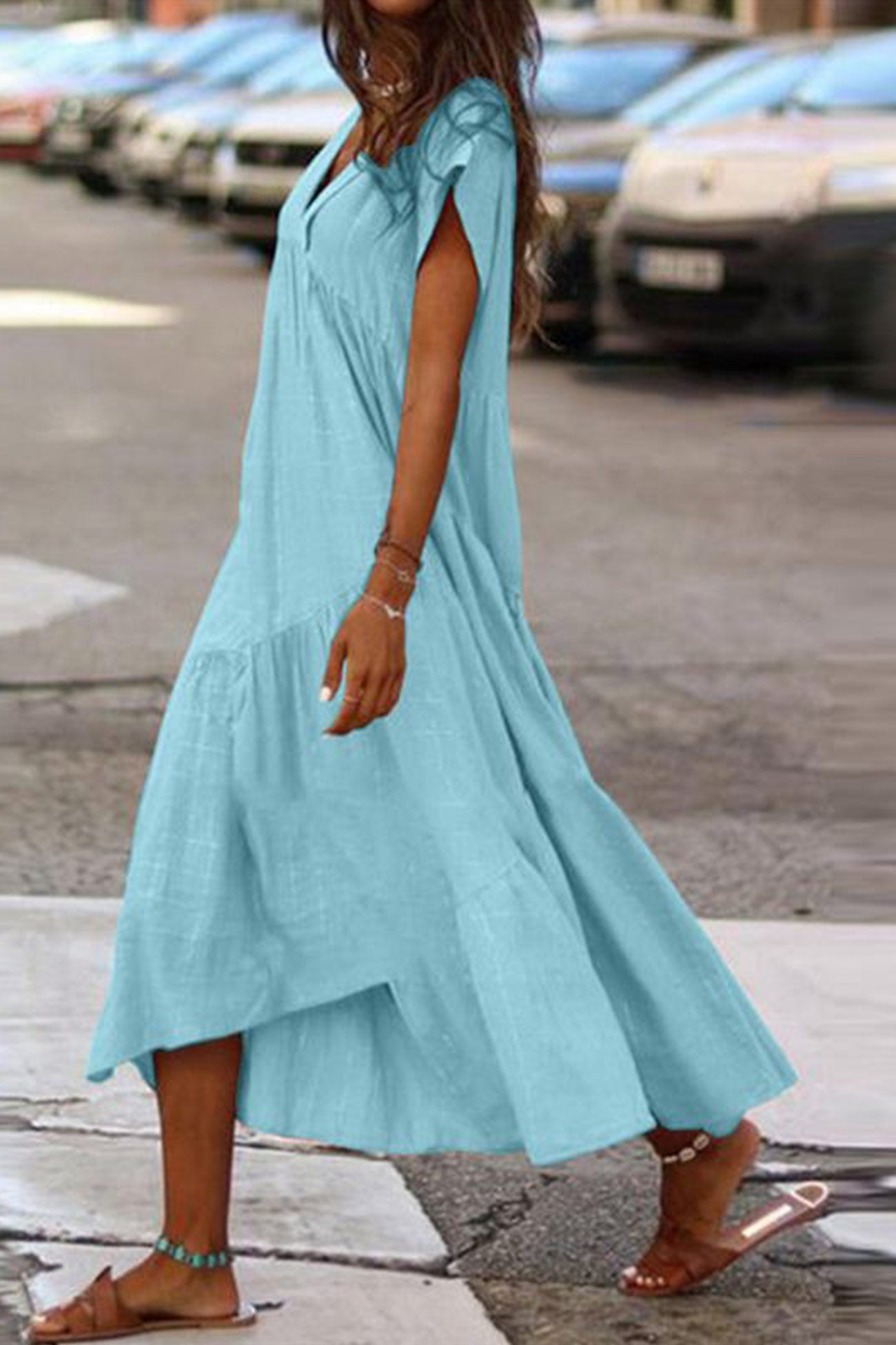 V Neck Cap Sleeve Cotton Linen Dress - Fashionpara