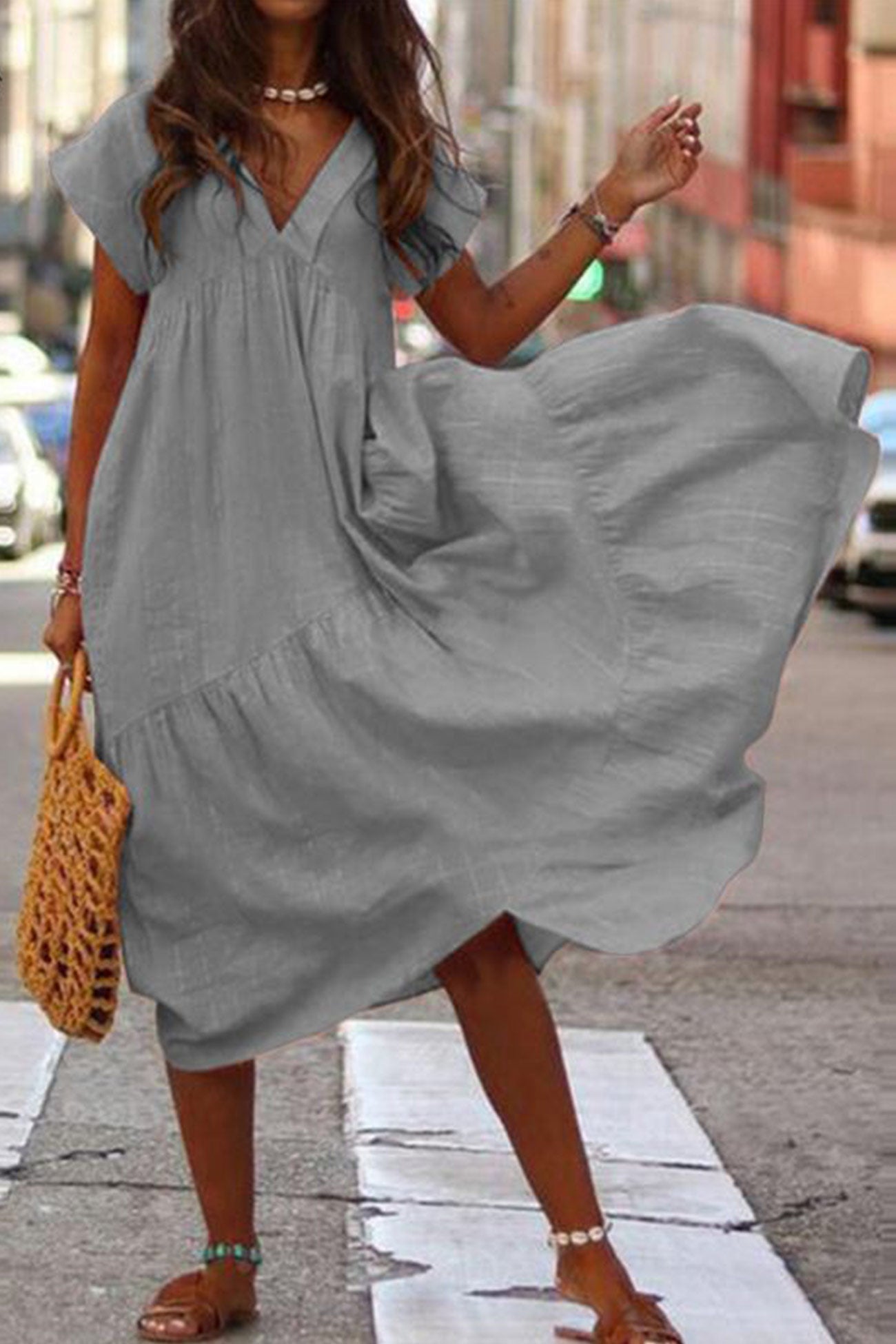 V Neck Cap Sleeve Cotton Linen Dress - Fashionpara