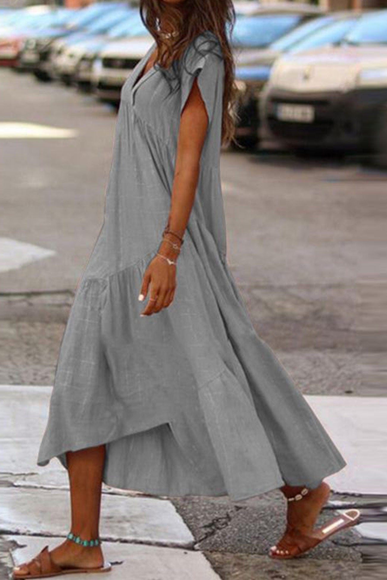 V Neck Cap Sleeve Cotton Linen Dress - Fashionpara