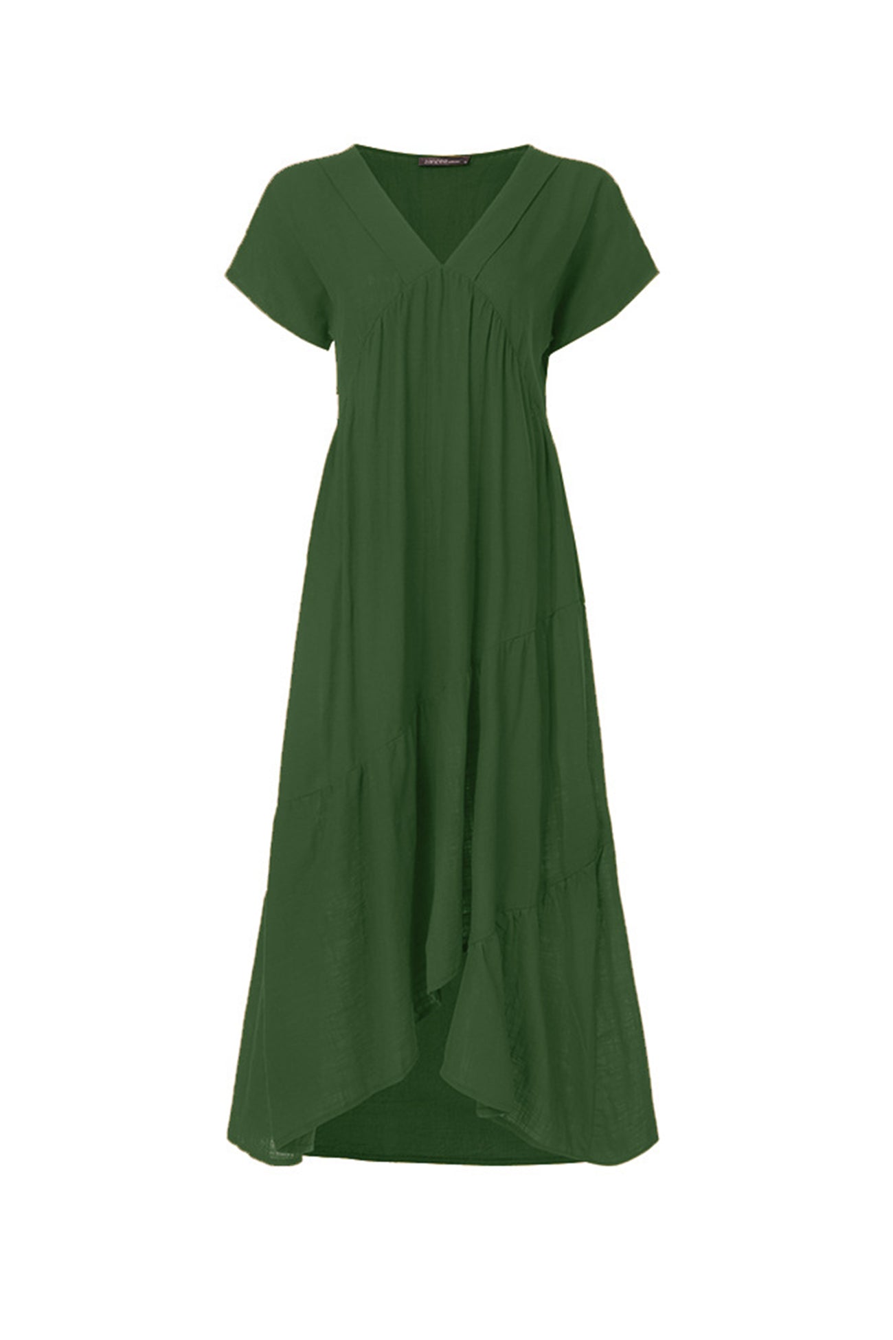 V Neck Cap Sleeve Cotton Linen Dress - Fashionpara