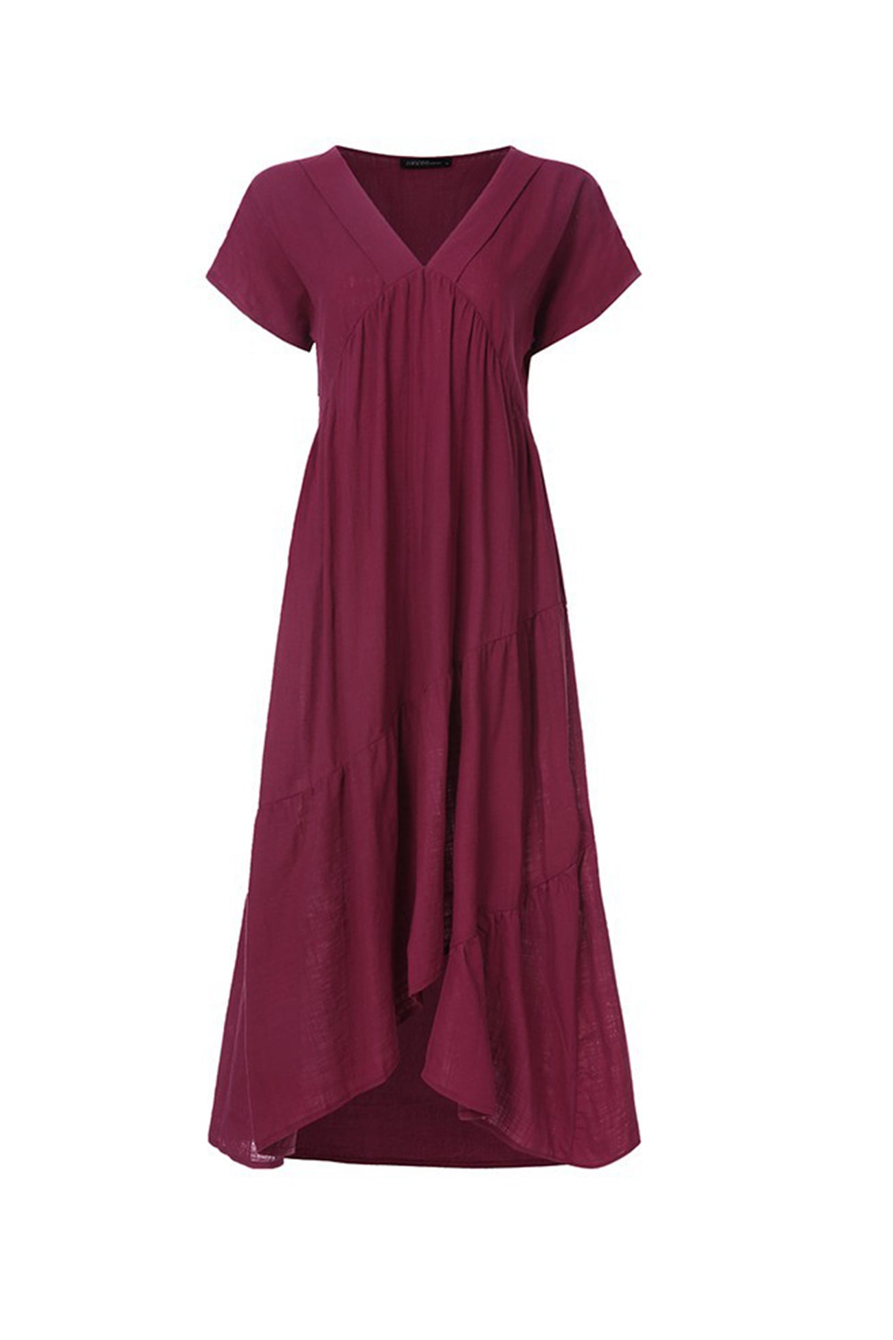 V Neck Cap Sleeve Cotton Linen Dress - Fashionpara