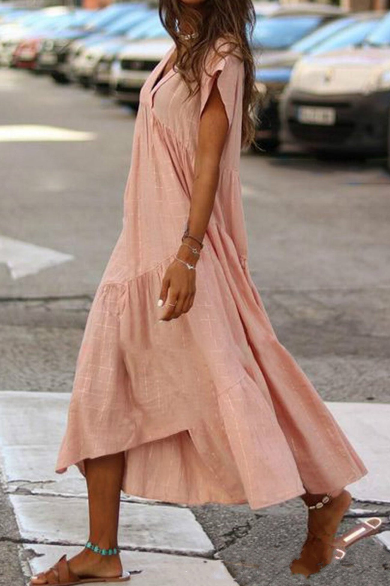 V Neck Cap Sleeve Cotton Linen Dress - Fashionpara