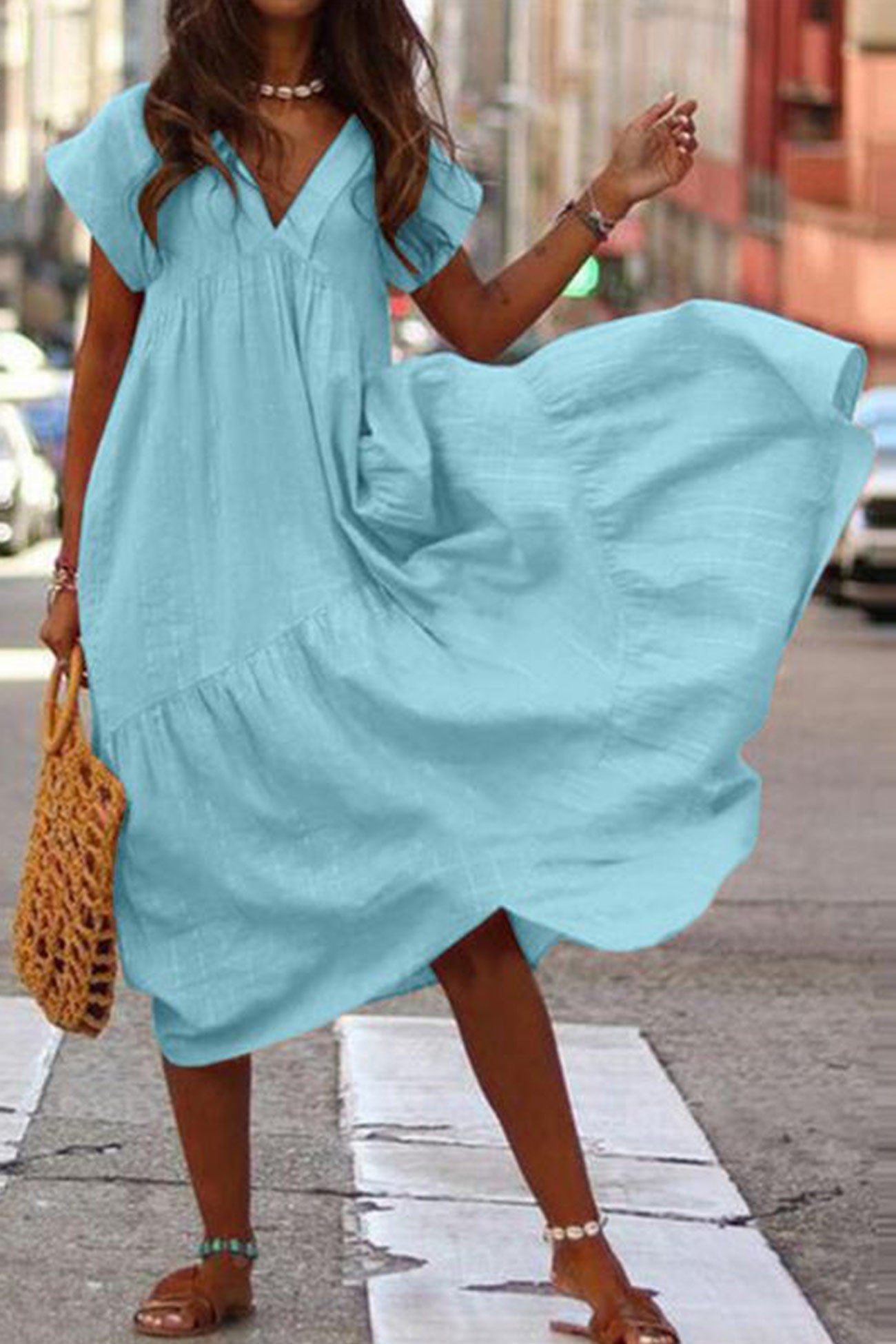 V Neck Cap Sleeve Cotton Linen Dress - Fashionpara