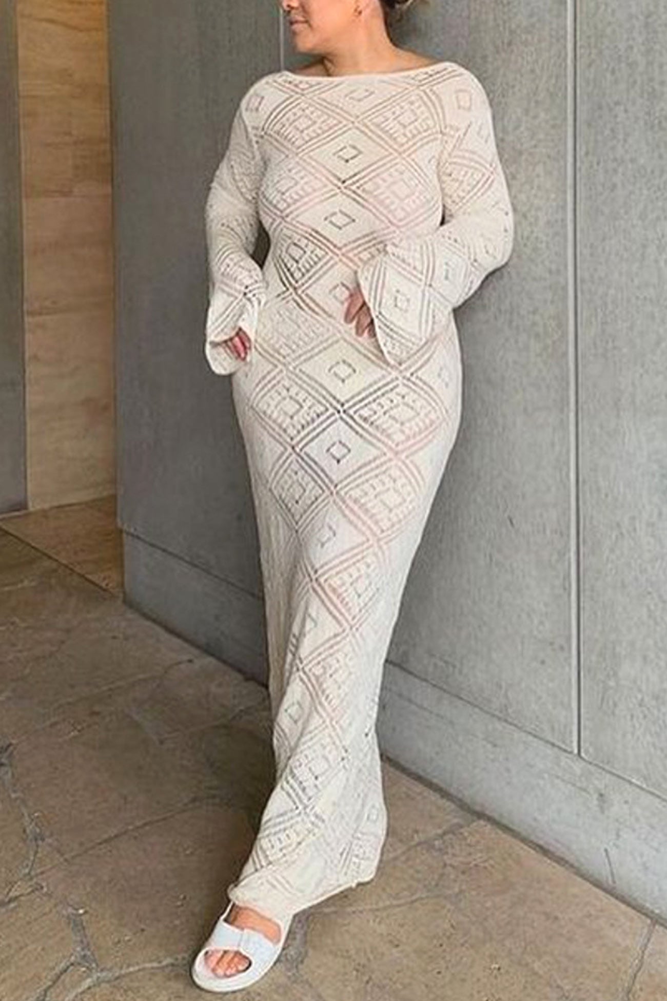 V Neck Crochet Checkered Hollow Out Midi Dress