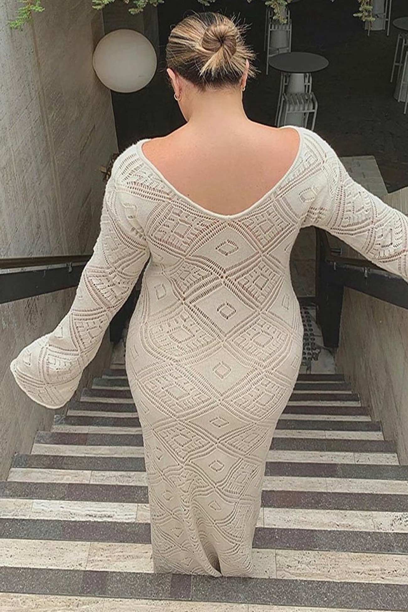 V Neck Crochet Checkered Hollow Out Midi Dress