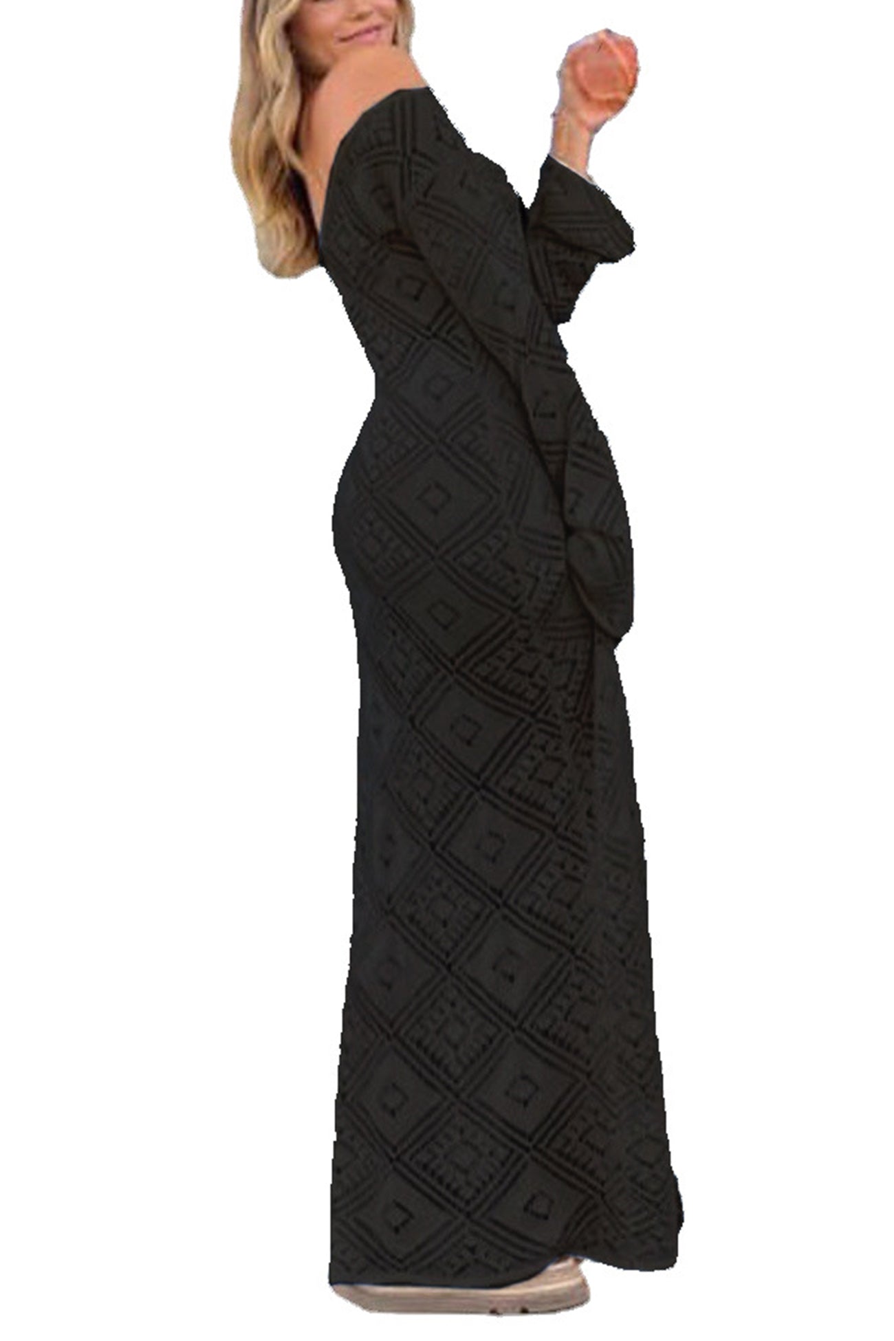 V Neck Crochet Checkered Hollow Out Midi Dress