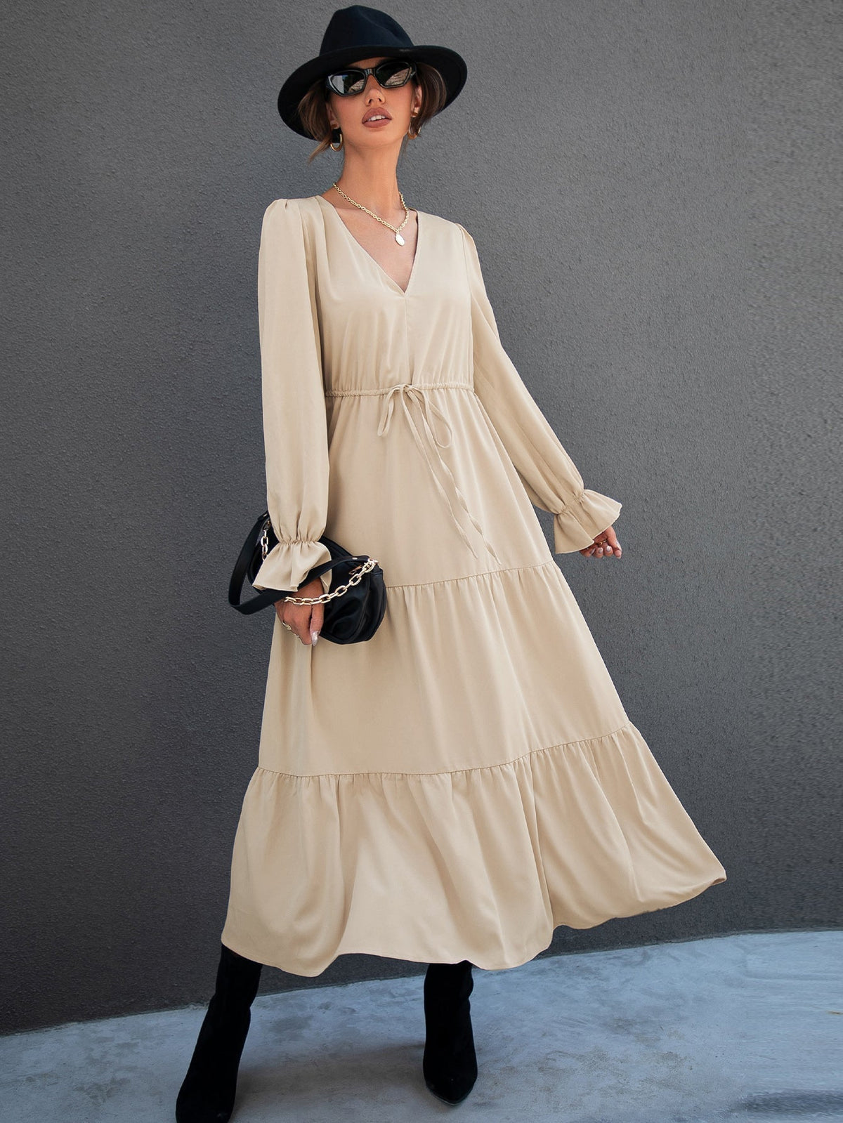 Satin V-Neck Long Sleeve Tiered Maxi Dress