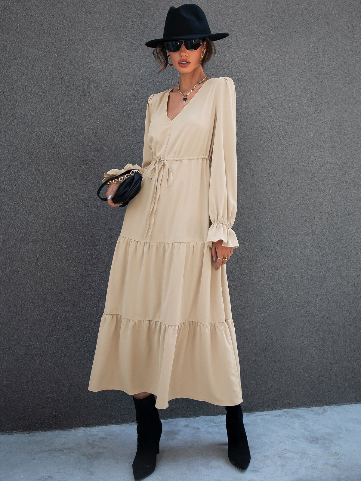 Satin V-Neck Long Sleeve Tiered Maxi Dress
