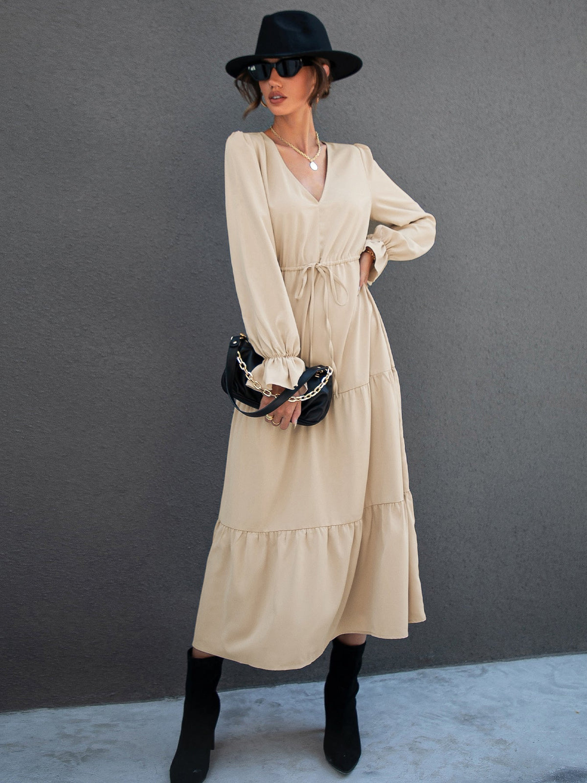 Satin V-Neck Long Sleeve Tiered Maxi Dress