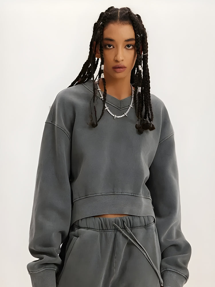 V-Neck Drop Shoulder Cropped Sweatshirt 8