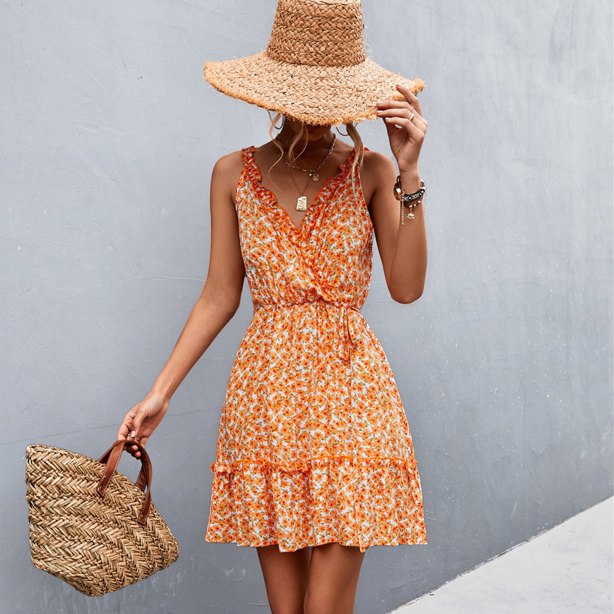 V Neck Floral Print Frill Sleeveless Casual Dress - Fashionpara