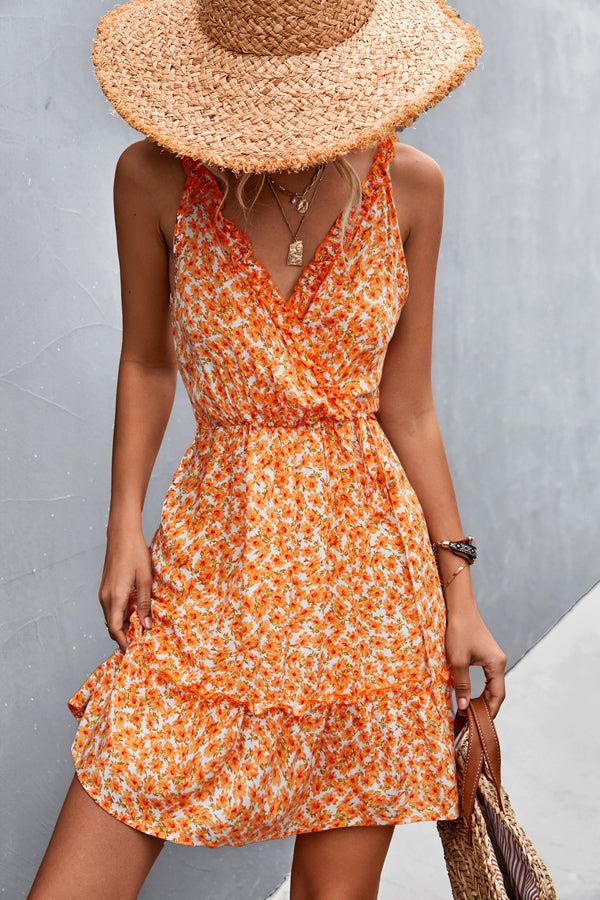 V Neck Floral Print Frill Sleeveless Casual Dress - Fashionpara