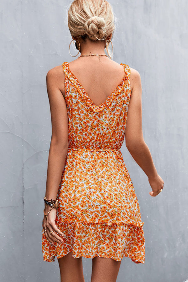 V Neck Floral Print Frill Sleeveless Casual Dress - Fashionpara