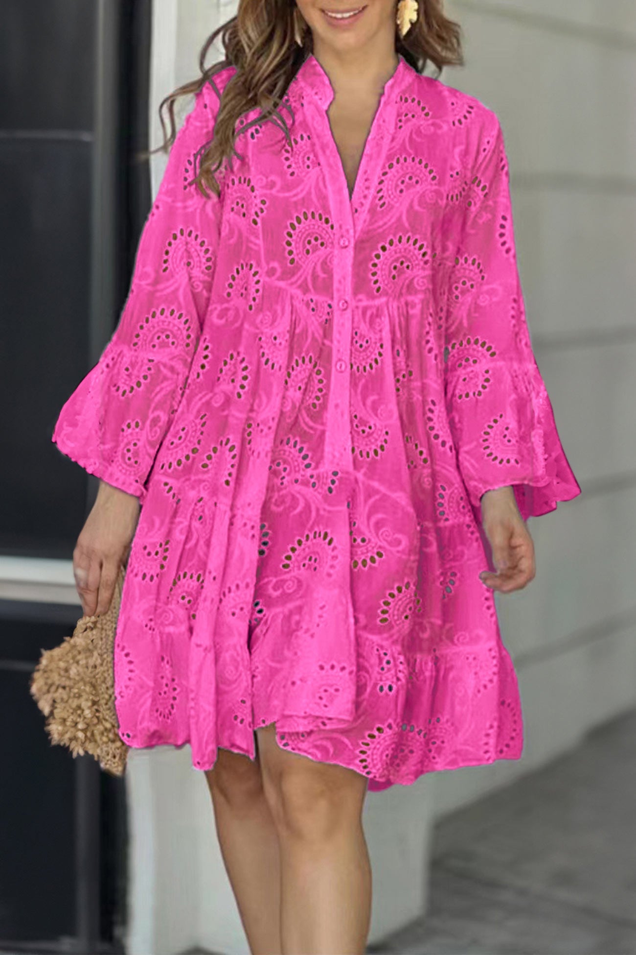 V Neck Lace Embroidery Hollow Out Cotton Dress - Fashionpara