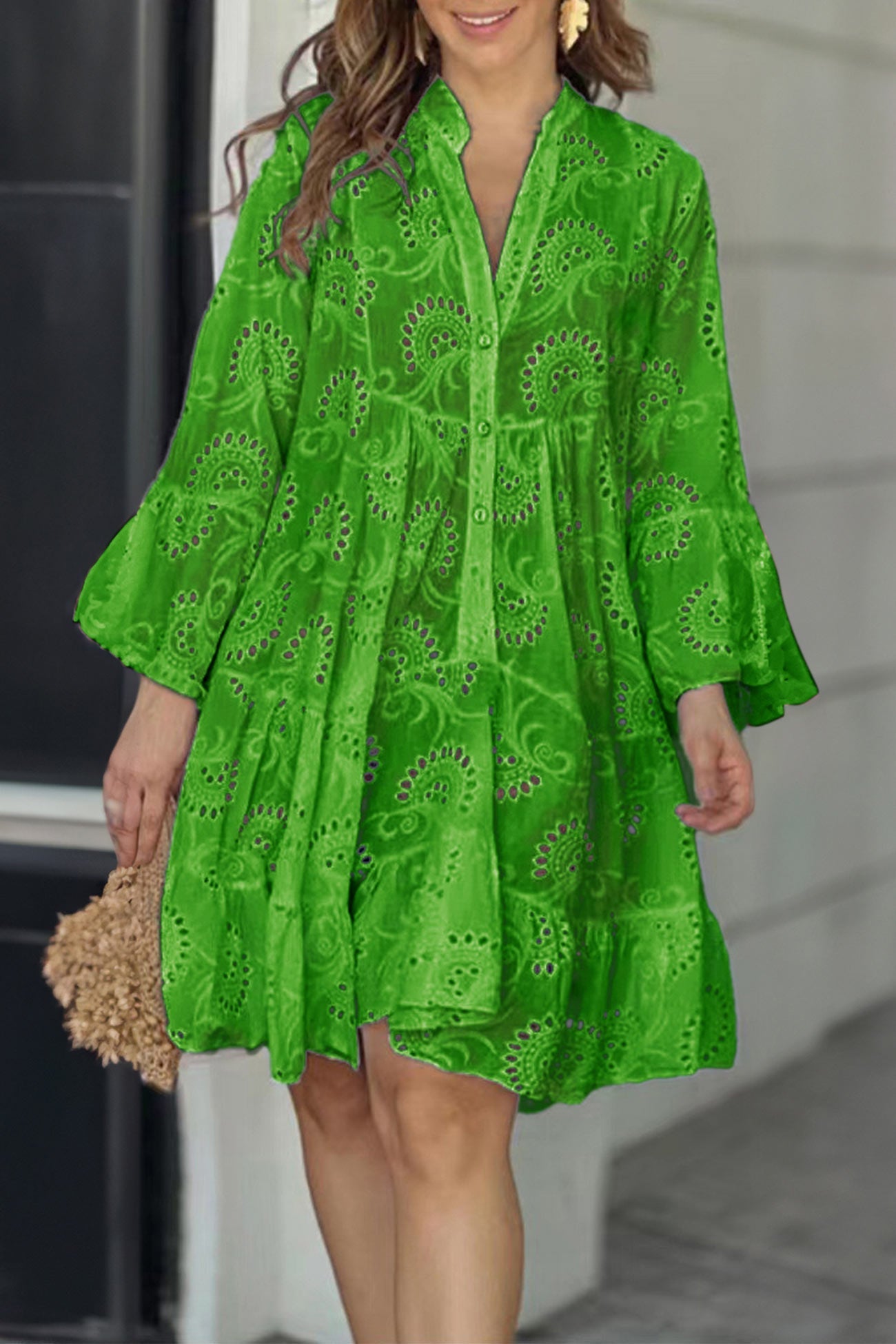 V Neck Lace Embroidery Hollow Out Cotton Dress - Fashionpara