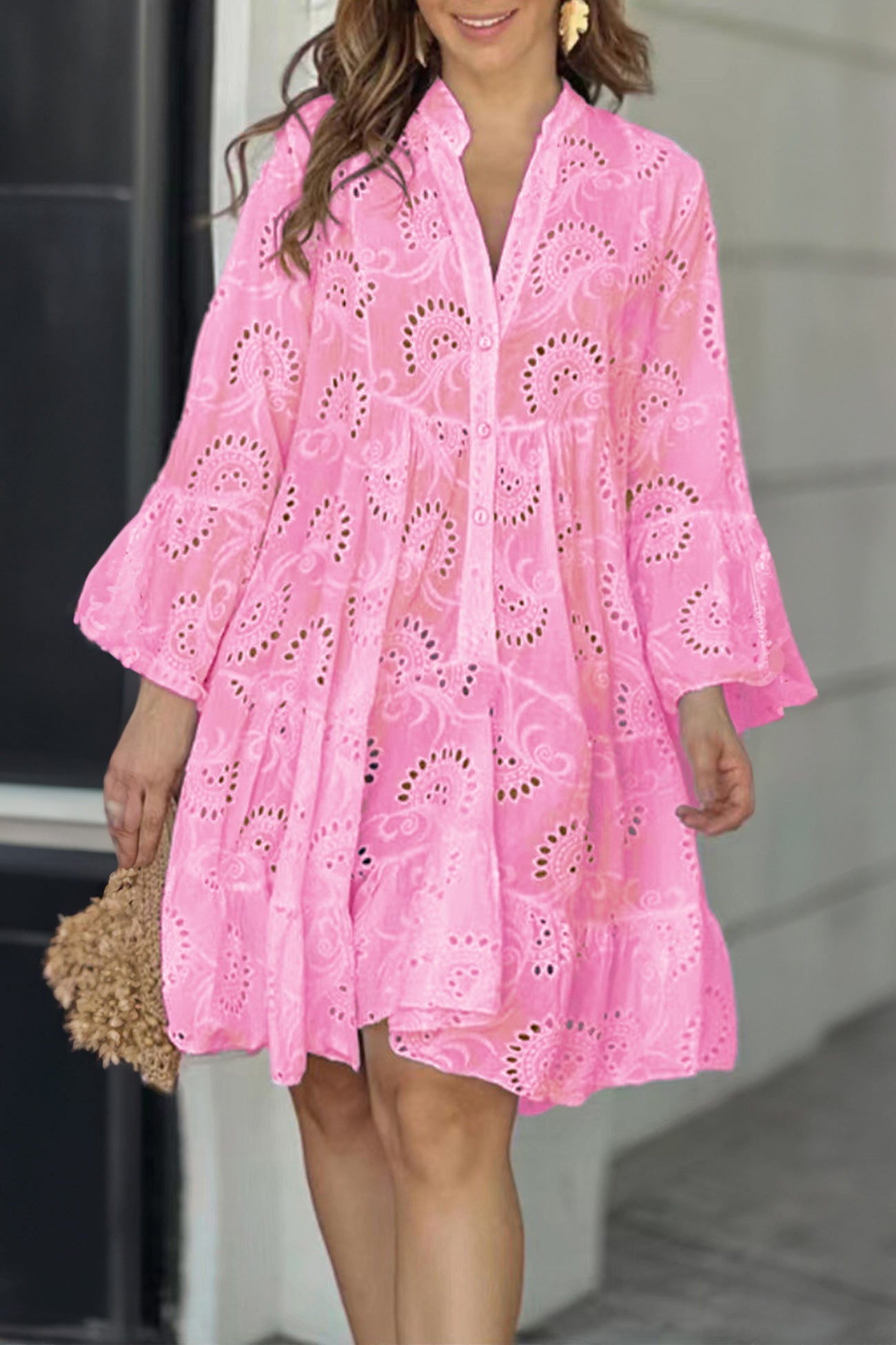 V Neck Lace Embroidery Hollow Out Cotton Dress - Fashionpara