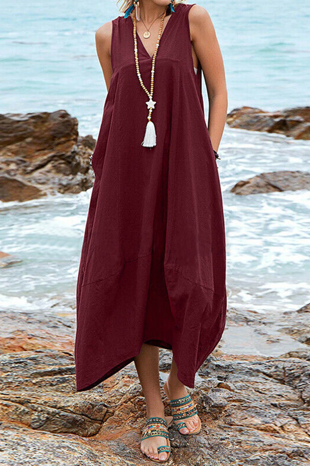 V Neck Pocketed Large Hem Sundress - Fashionpara