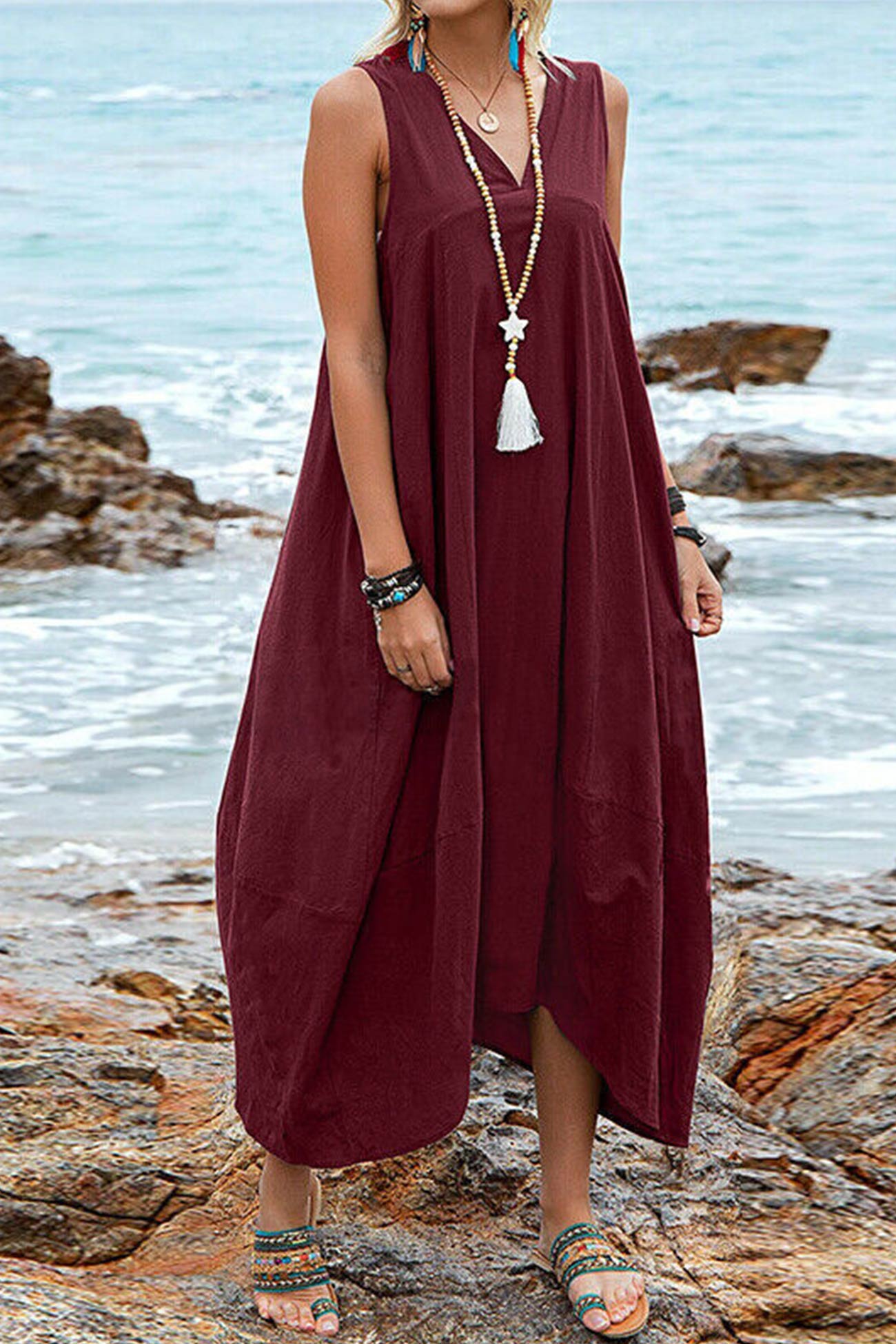 V Neck Pocketed Large Hem Sundress - Fashionpara