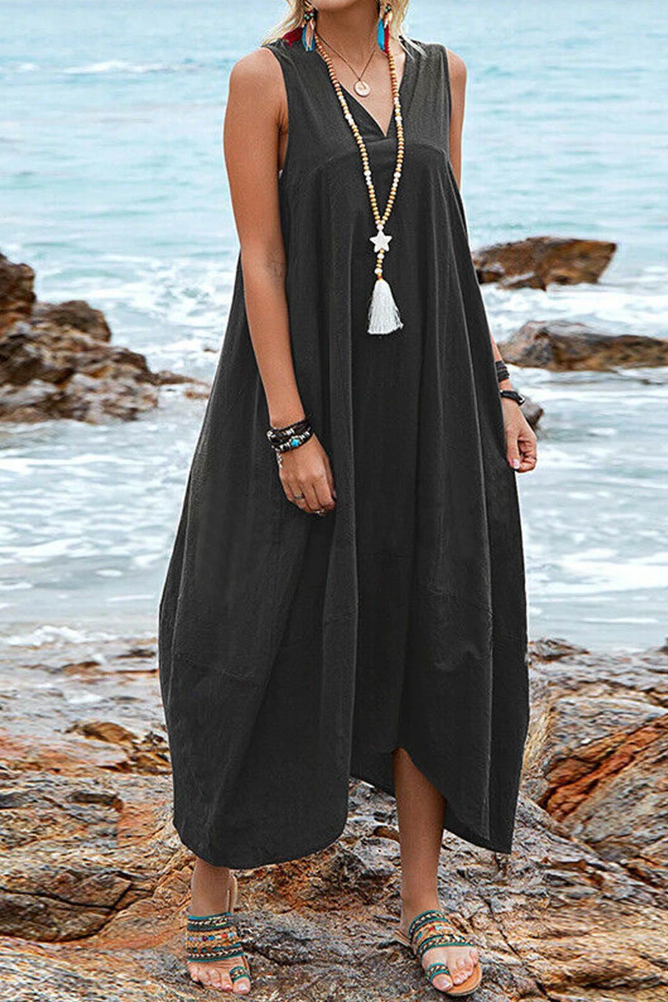 V Neck Pocketed Large Hem Sundress - Fashionpara