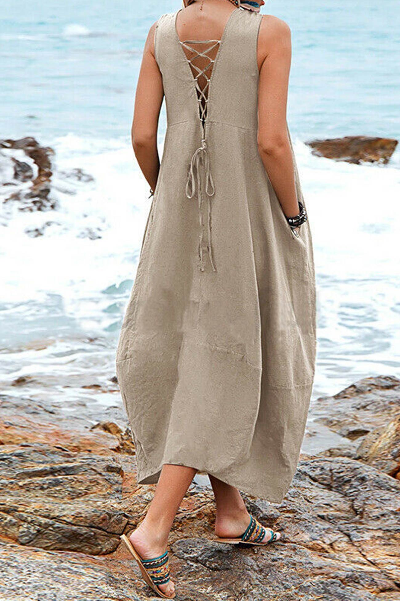 V Neck Pocketed Large Hem Sundress - Fashionpara