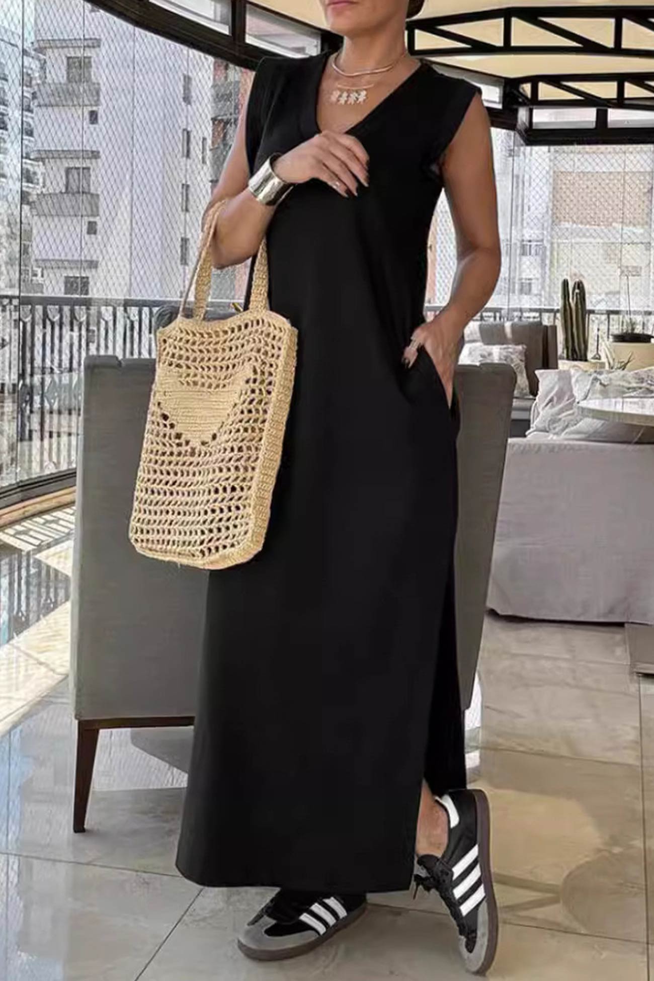 V Neck Pocketed Side Slit Tank Dress - Fashionpara